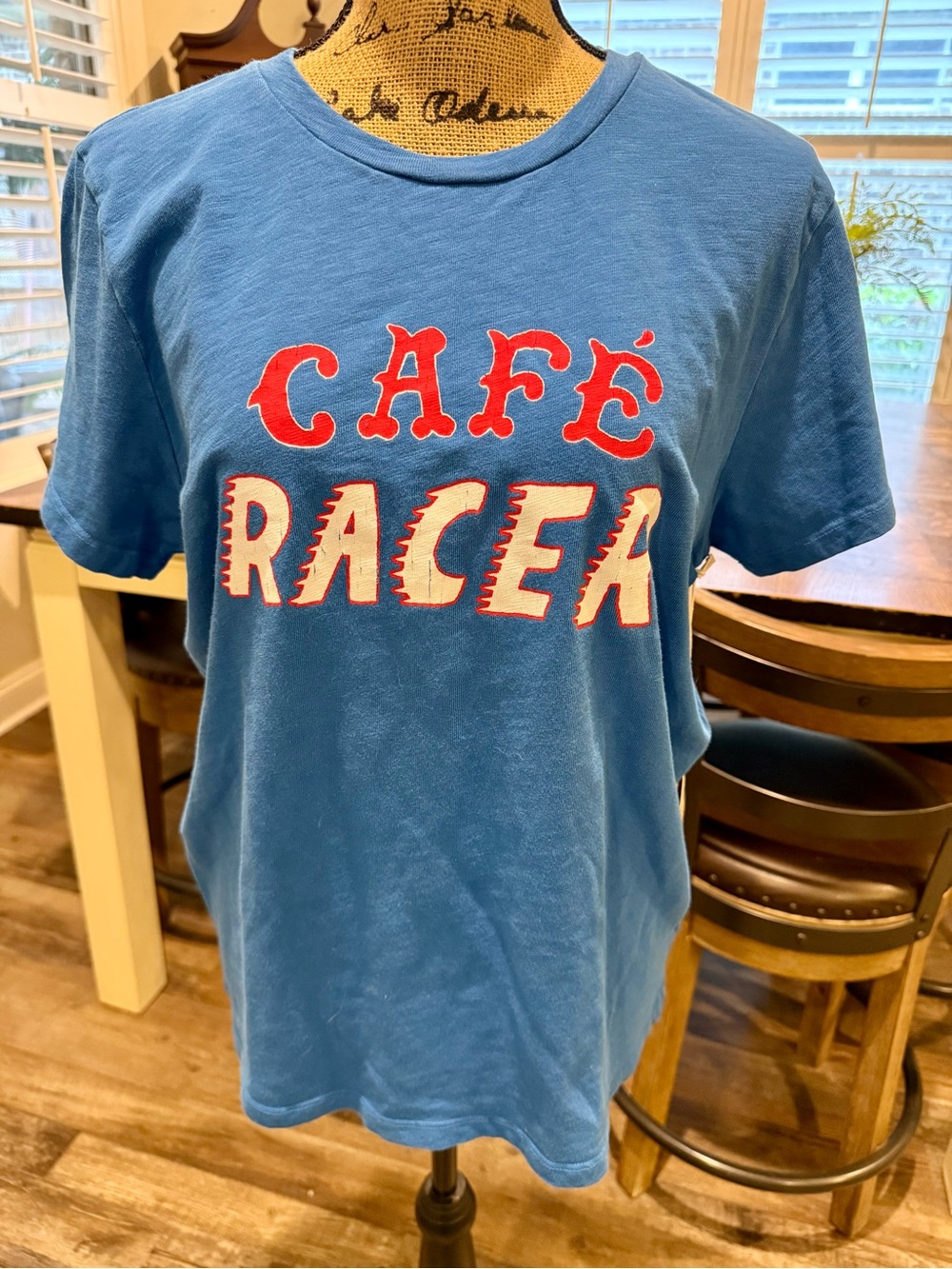 Anthropologie Blue 'Café Racer' Short Sleeve Tee with Red & White Lettering